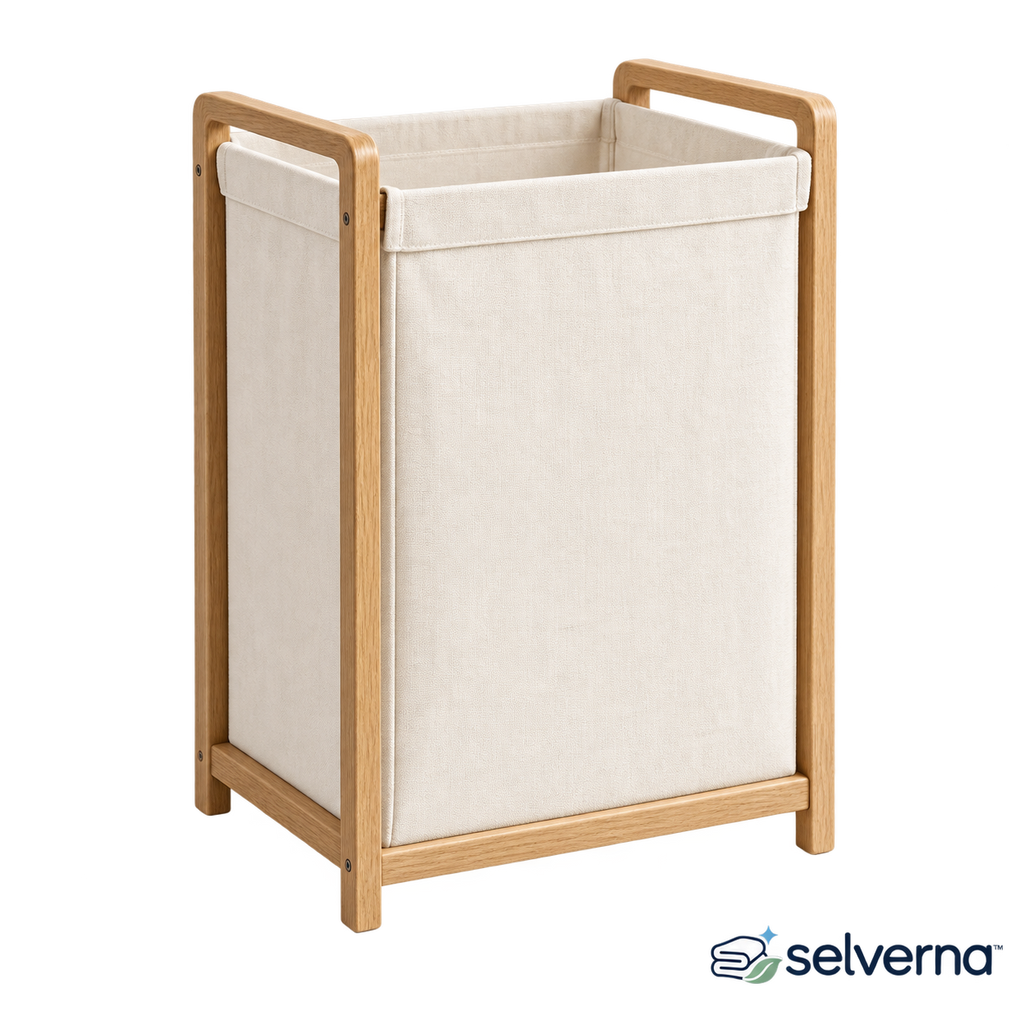 Modern oak frame laundry hamper in a bright laundry room