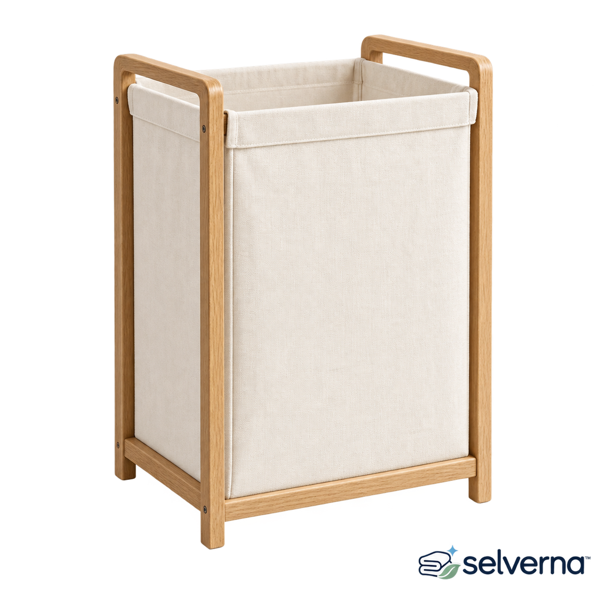 Modern oak frame laundry hamper in a bright laundry room